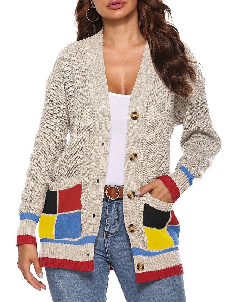 Kvinders Patchwork Regular Single-breasted Fall Loose Sweater