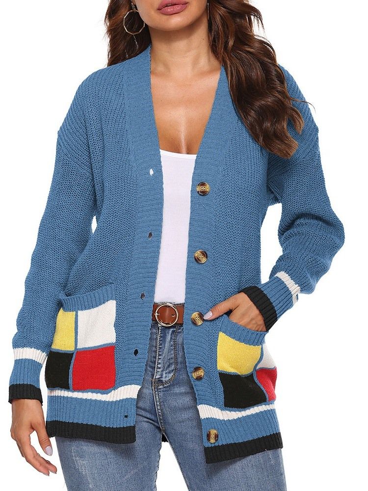 Kvinders Patchwork Regular Single-breasted Fall Loose Sweater