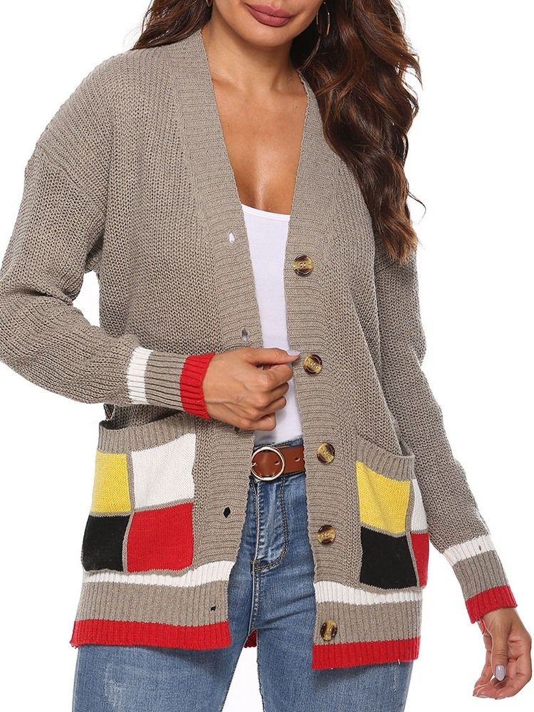 Kvinders Patchwork Regular Single-breasted Fall Loose Sweater