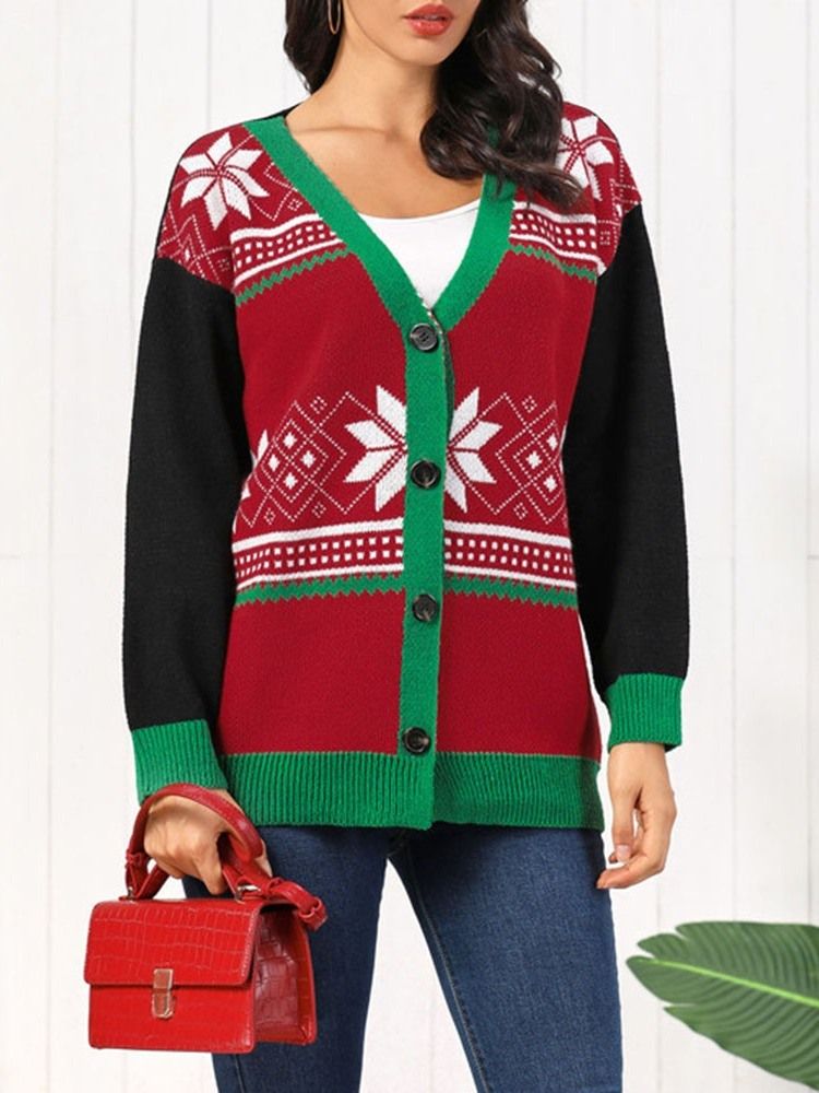 Single-breasted Regular Thick Mid-length V-neck Christmas Women's Sweater