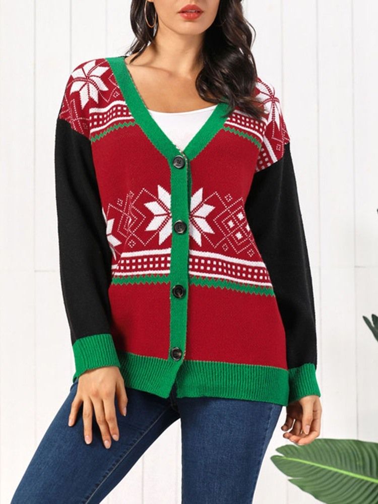 Single-breasted Regular Thick Mid-length V-neck Christmas Women's Sweater