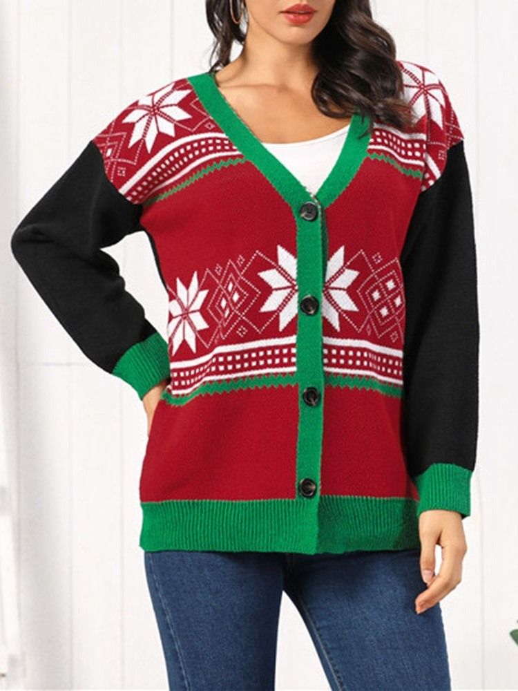 Single-breasted Regular Thick Mid-length V-neck Christmas Women's Sweater