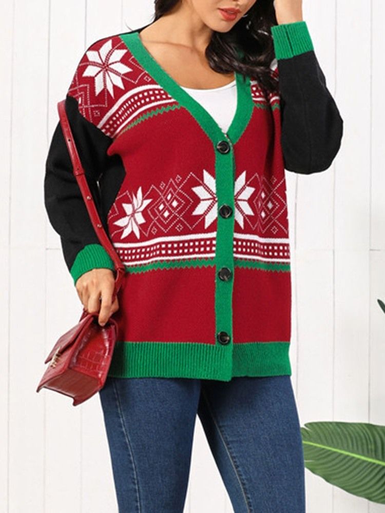 Single-breasted Regular Thick Mid-length V-neck Christmas Women's Sweater