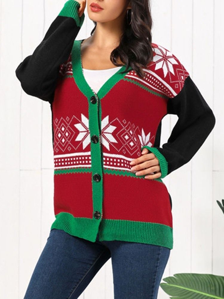 Single-breasted Regular Thick Mid-length V-neck Christmas Women's Sweater