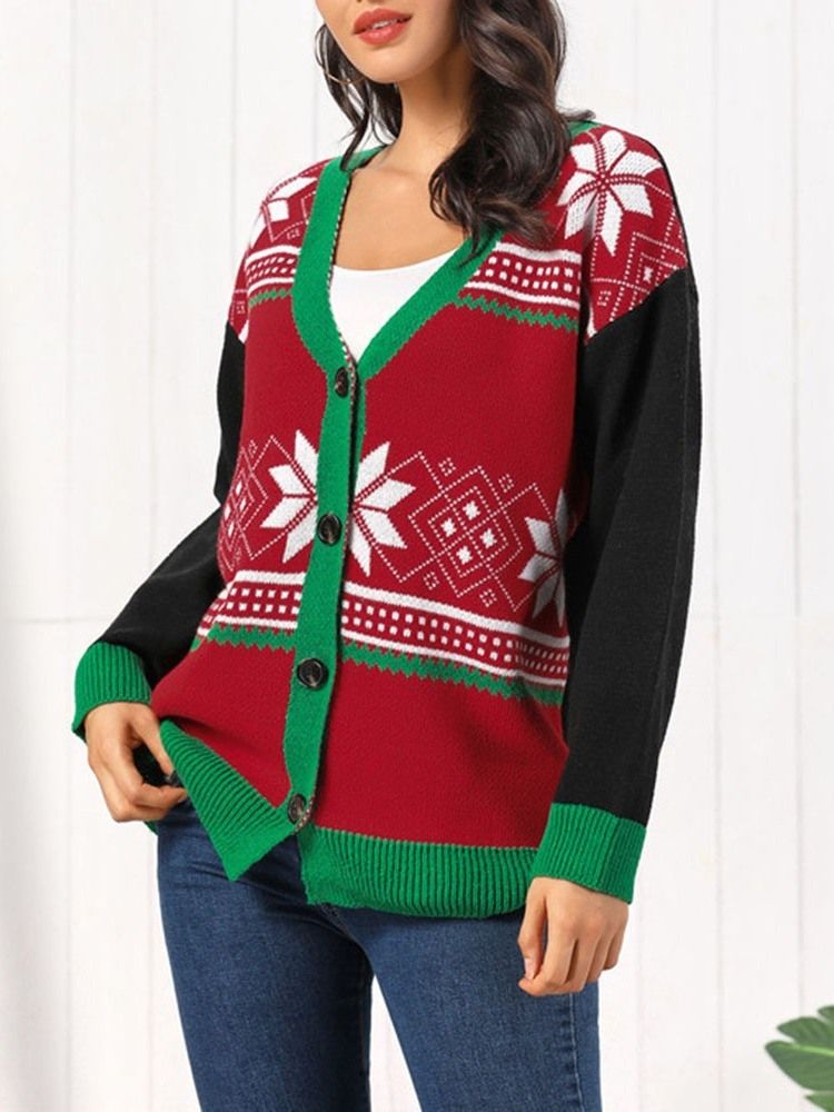 Single-breasted Regular Thick Mid-length V-neck Christmas Women's Sweater