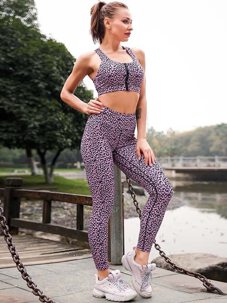 Kvindernes Print Hurtigtørrende Leopard Zipper Running Workout Set