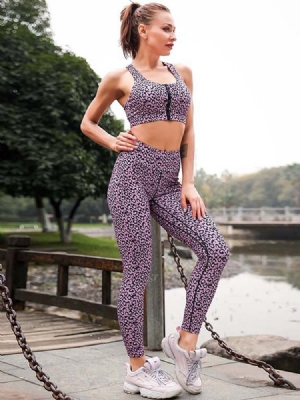 Kvindernes Print Hurtigtørrende Leopard Zipper Running Workout Set