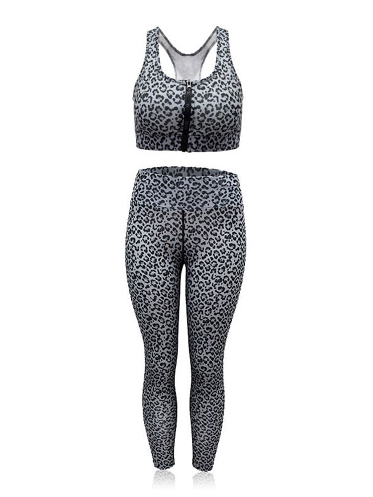 Kvindernes Print Hurtigtørrende Leopard Zipper Running Workout Set