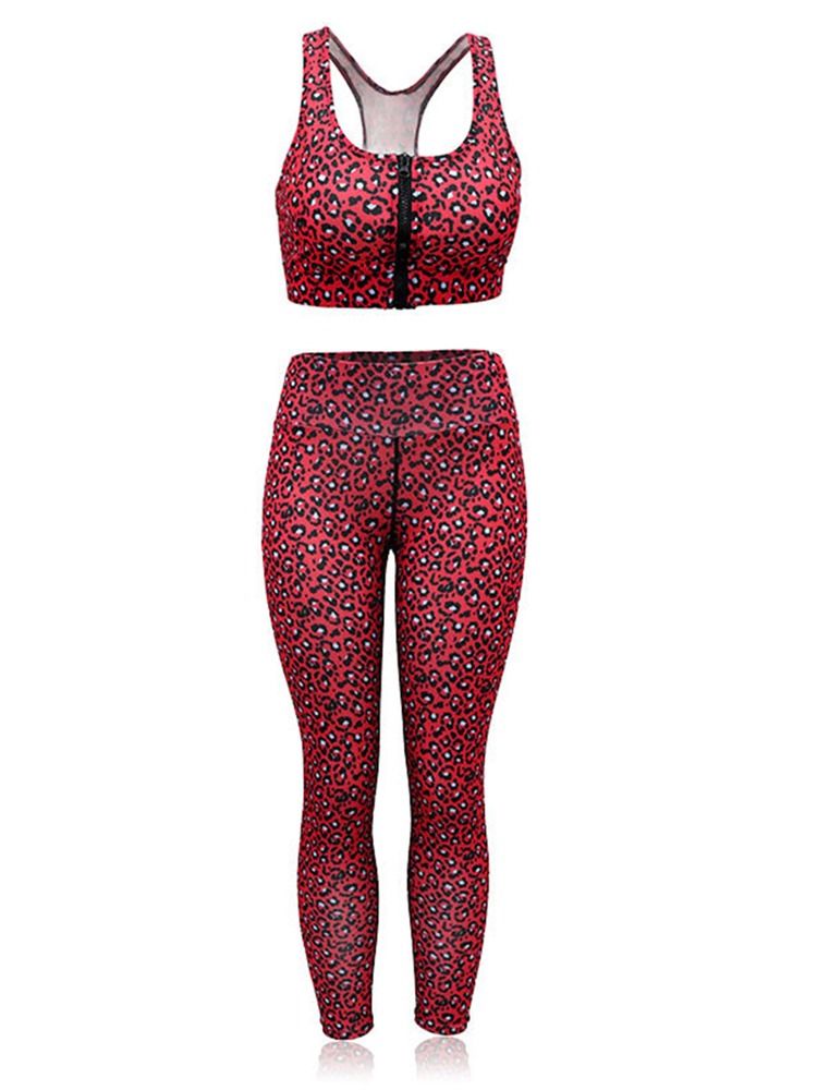 Kvindernes Print Hurtigtørrende Leopard Zipper Running Workout Set