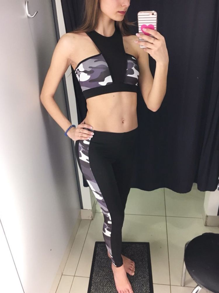 Kvinders Print Anti-sved Camouflage Pullover Yoga Sportssæt