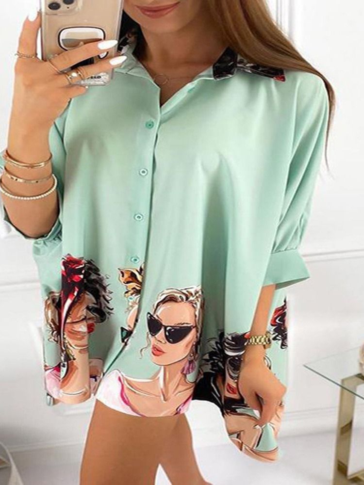 Cartoon Print Revers Mid-length Three-quarter Sleeve Women's Bluse