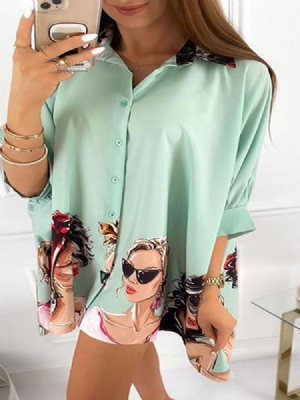 Cartoon Print Revers Mid-length Three-quarter Sleeve Women's Bluse