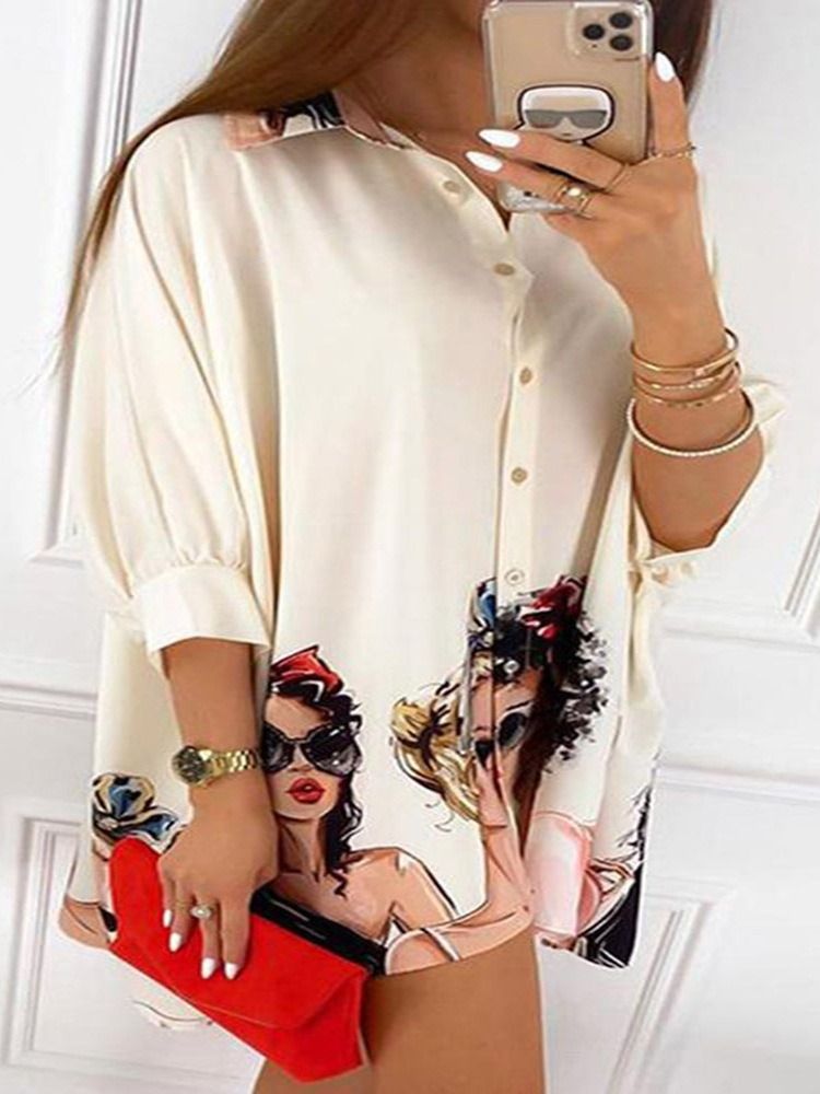 Cartoon Print Revers Mid-length Three-quarter Sleeve Women's Bluse