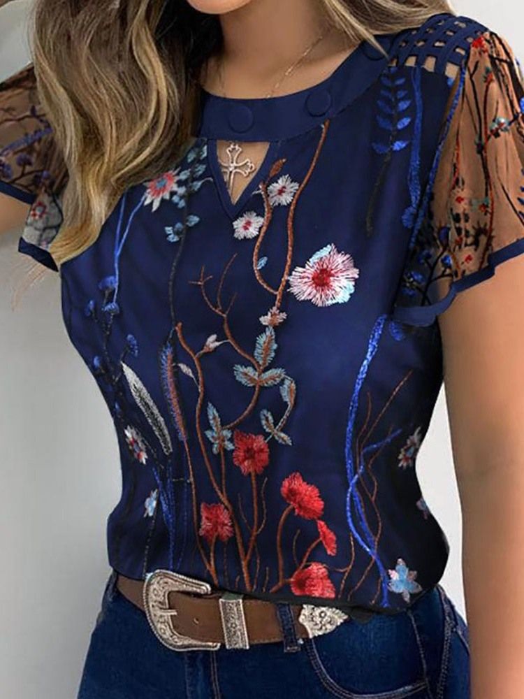 Floral Patchwork Regular Standard Kortærmet Kvinders Bluse