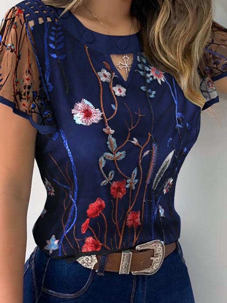 Floral Patchwork Regular Standard Kortærmet Kvinders Bluse