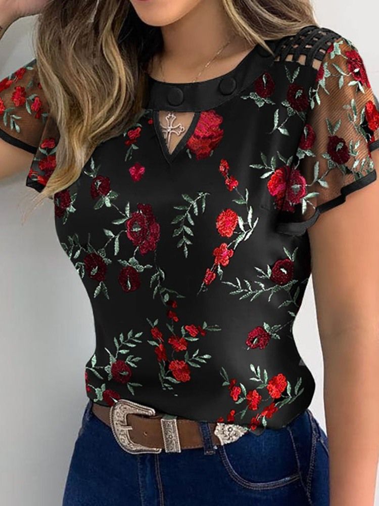 Floral Patchwork Regular Standard Kortærmet Kvinders Bluse