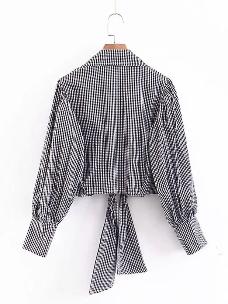 Lapel Plaid Lace-up Langærmet Kvinders Korte Bluse