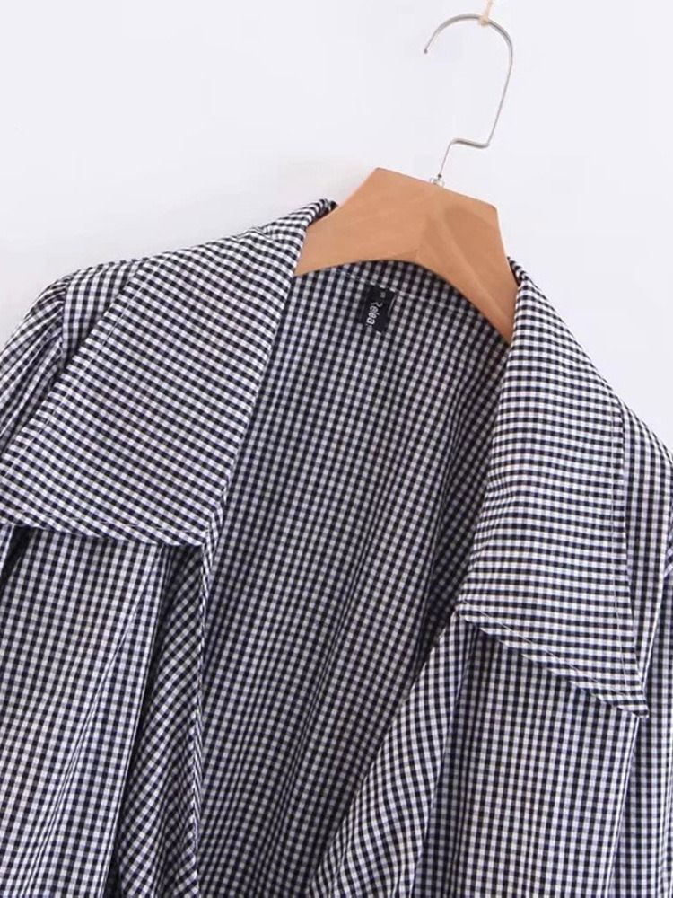 Lapel Plaid Lace-up Langærmet Kvinders Korte Bluse