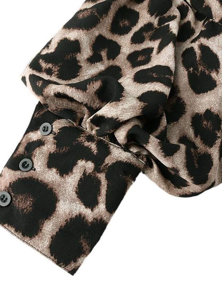 Leopard Lantern Sleeve Print Langærmet Standardbluse Til Kvinder