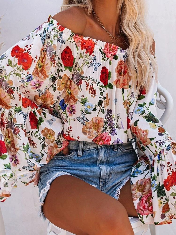 Off Shoulder Floral Print Standard Langærmet Damerbluse