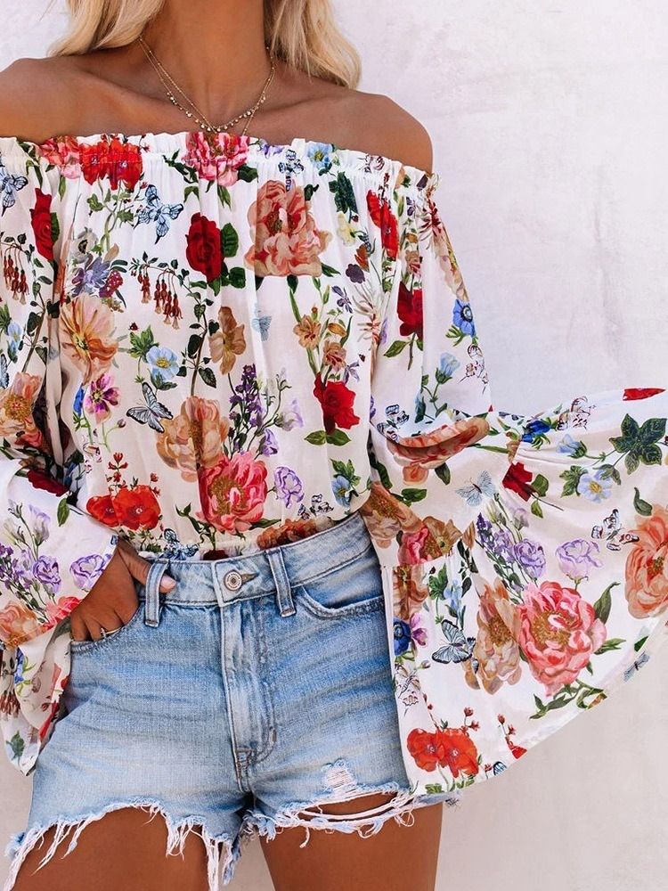 Off Shoulder Floral Print Standard Langærmet Damerbluse