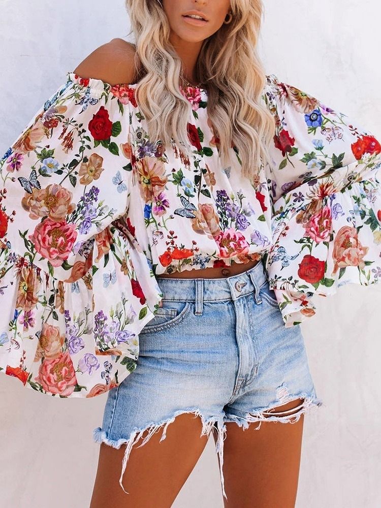 Off Shoulder Floral Print Standard Langærmet Damerbluse