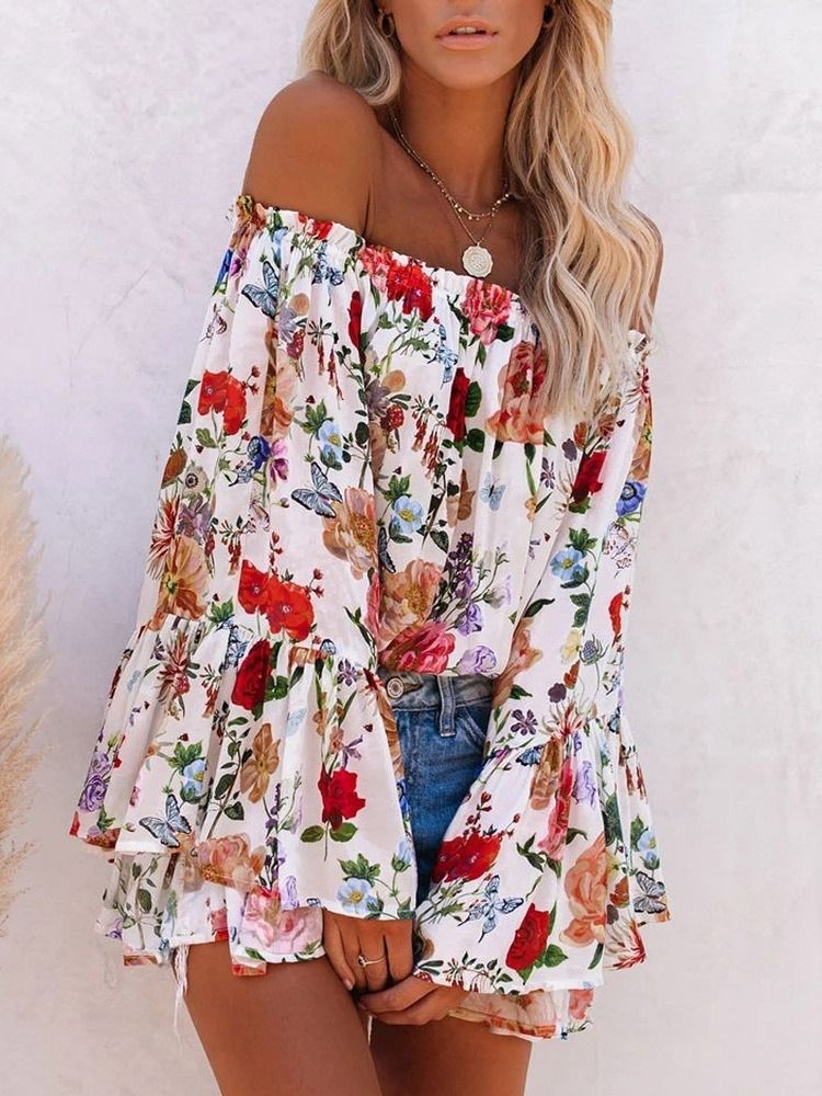 Off Shoulder Floral Print Standard Langærmet Damerbluse