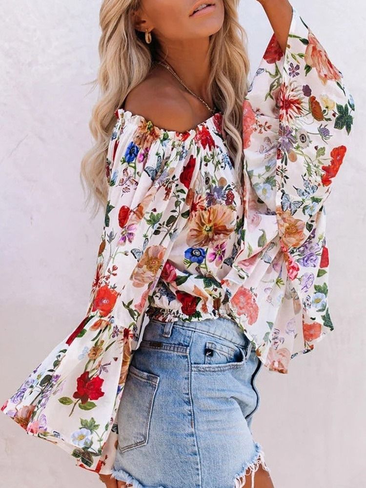 Off Shoulder Floral Print Standard Langærmet Damerbluse