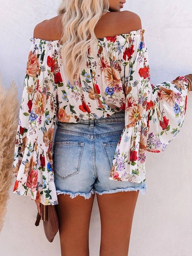 Off Shoulder Floral Print Standard Langærmet Damerbluse