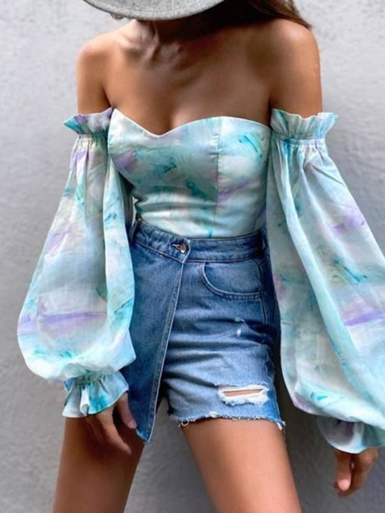 Off Shoulder Lantern Sleeve Floral Long Sleeve Women's Short Bluse