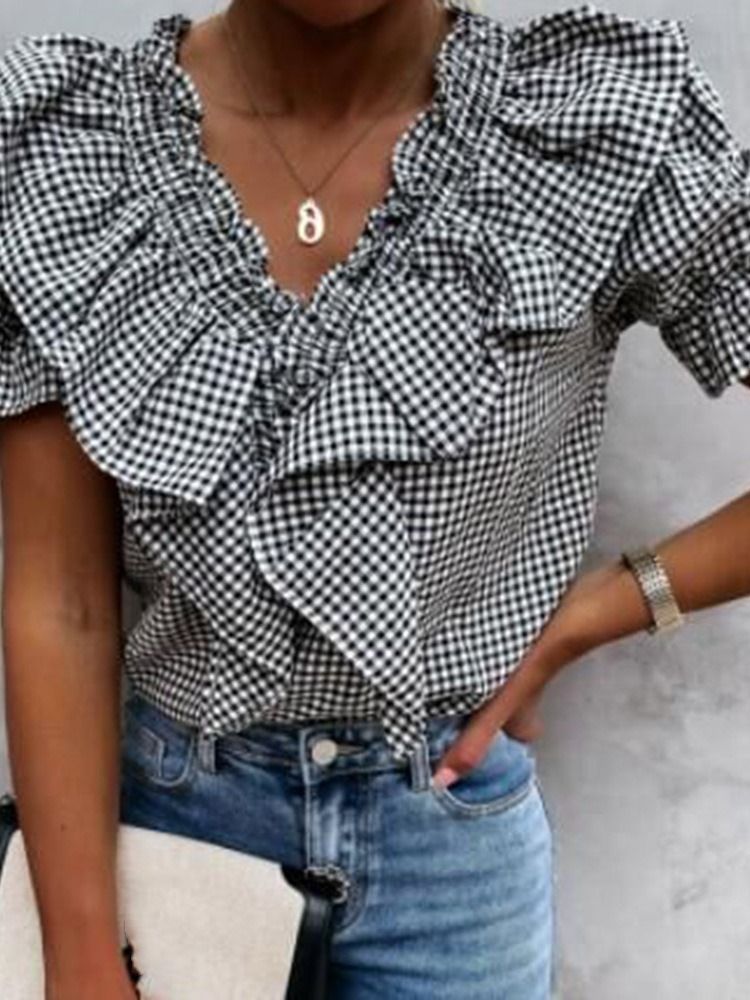 Plaid Stringy Selvedge V-neck Short Sleeve Standard Women's Bluse