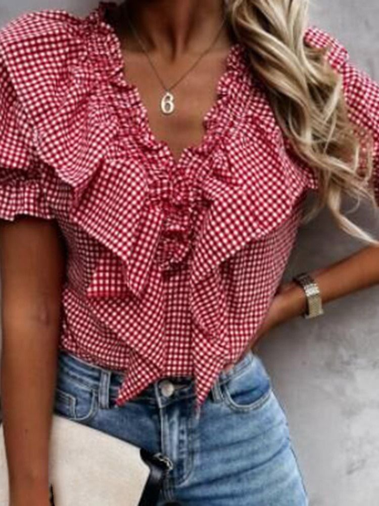 Plaid Stringy Selvedge V-neck Short Sleeve Standard Women's Bluse