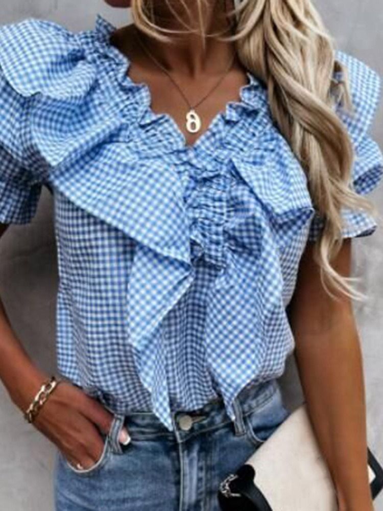 Plaid Stringy Selvedge V-neck Short Sleeve Standard Women's Bluse