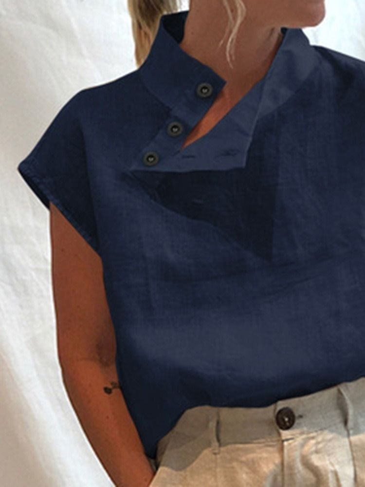 Plain Button Stand Collar Standard Ærmeløs Bluse Til Kvinder