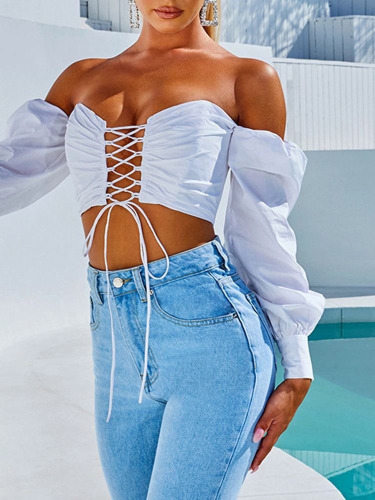 Plain Lace-up Off Shoulder Langærmet Korte Bluse Til Kvinder