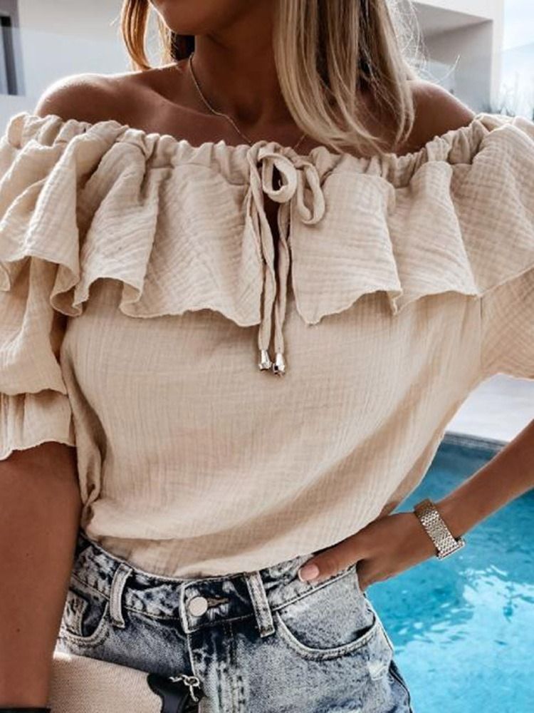 Plain Off Shoulder Patchwork Standard Halværmet Kvinders Bluse