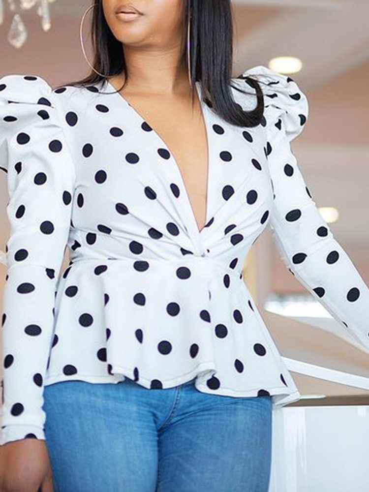 Polka Dots Print V-neck Kvinders Langærmet Standardbluse