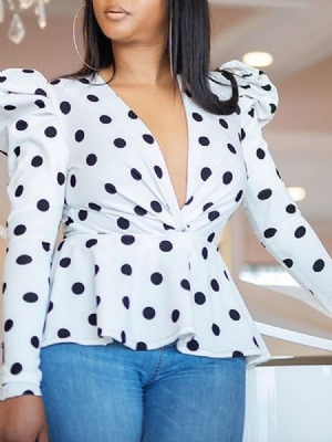 Polka Dots Print V-neck Kvinders Langærmet Standardbluse