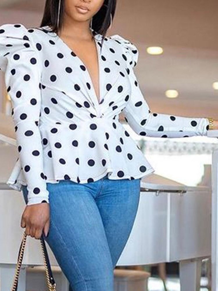 Polka Dots Print V-neck Kvinders Langærmet Standardbluse