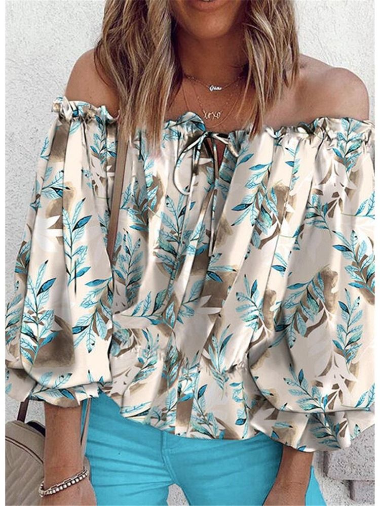 Print Floral Off Shoulder Mid-length Ni Points Ærmerbluse Til Kvinder