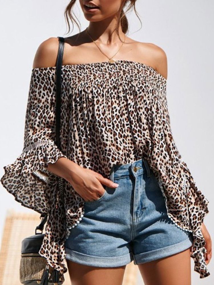 Print Leopard Off Shoulder Standard Trekvartærmet Damerbluse