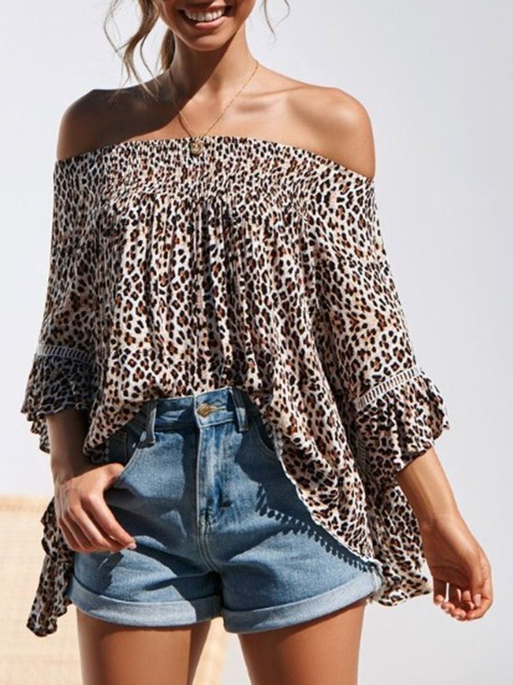 Print Leopard Off Shoulder Standard Trekvartærmet Damerbluse