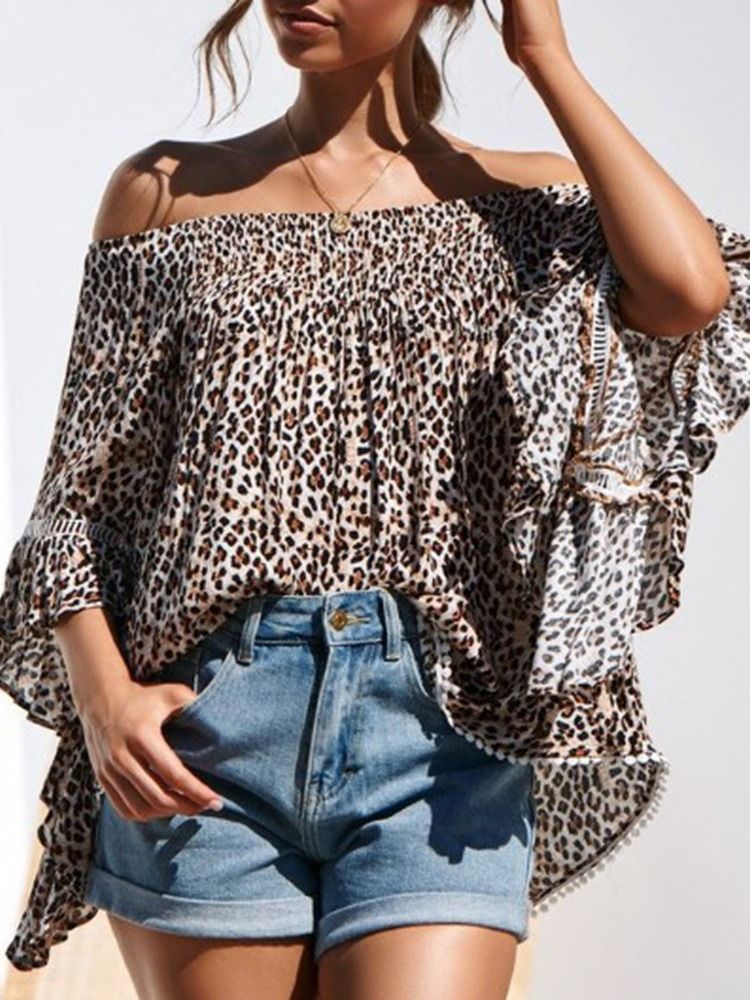 Print Leopard Off Shoulder Standard Trekvartærmet Damerbluse