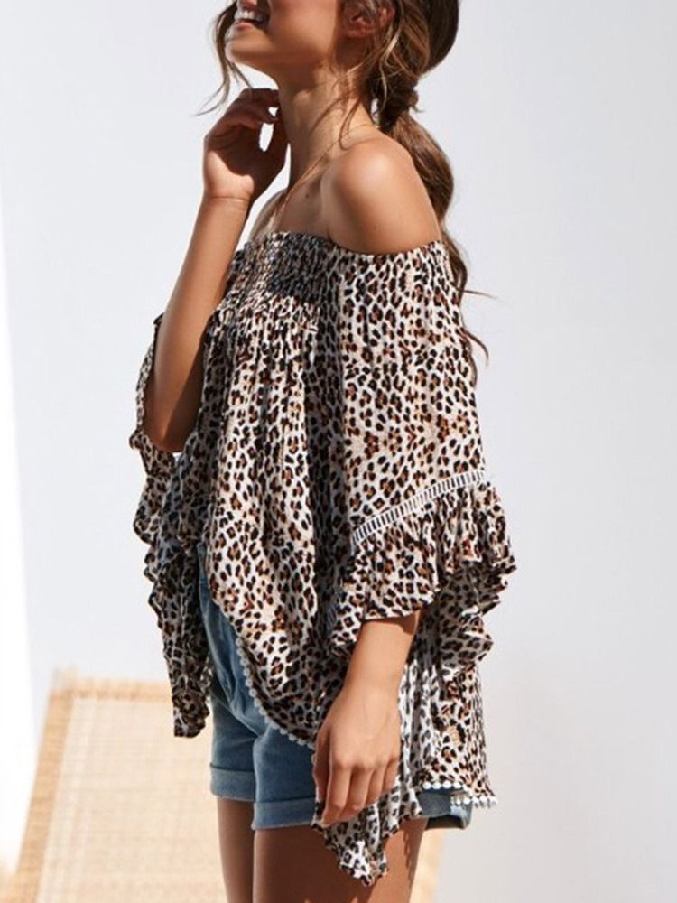 Print Leopard Off Shoulder Standard Trekvartærmet Damerbluse