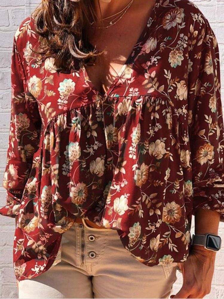 Print V-neck Floral Standard Langærmet Kvinders Bluse