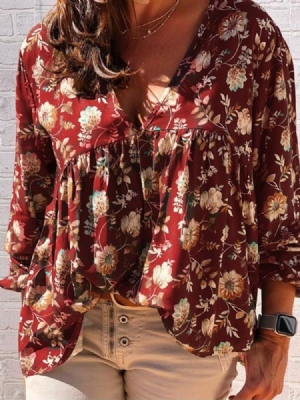 Print V-neck Floral Standard Langærmet Kvinders Bluse