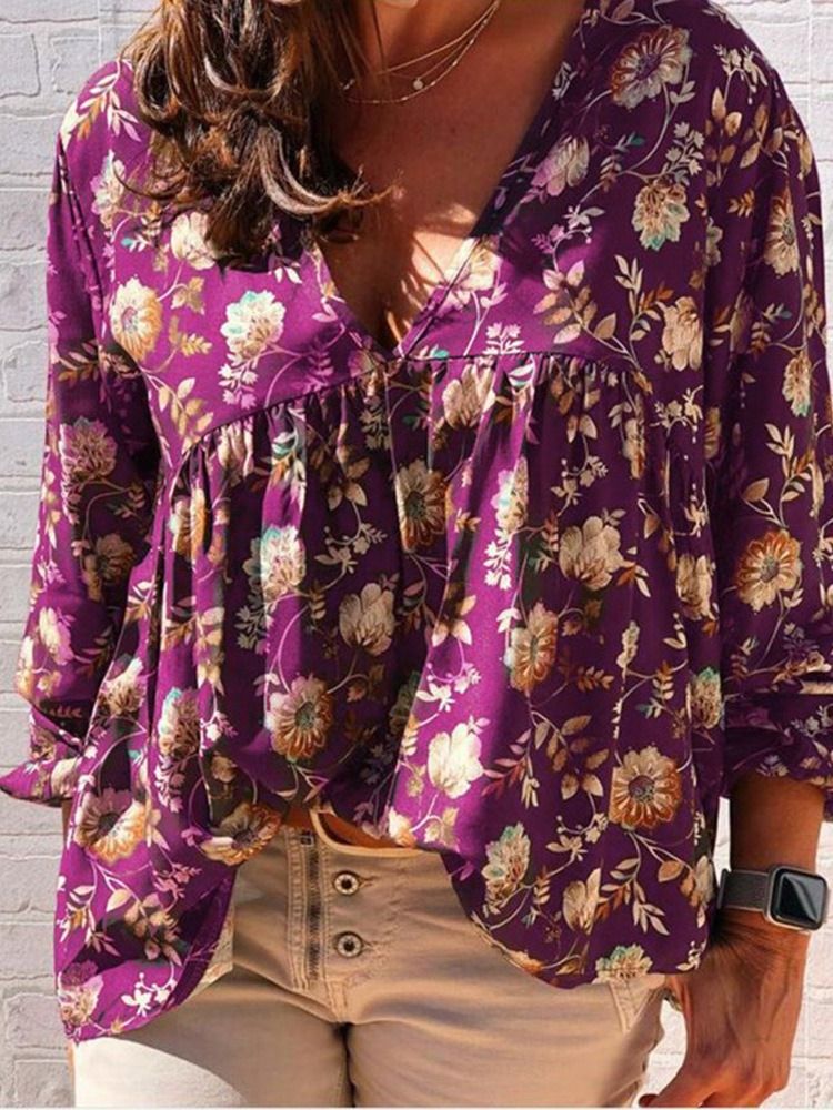 Print V-neck Floral Standard Langærmet Kvinders Bluse