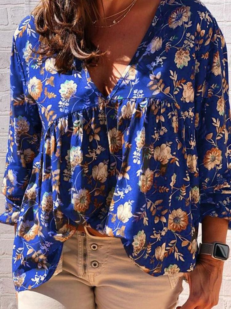 Print V-neck Floral Standard Langærmet Kvinders Bluse