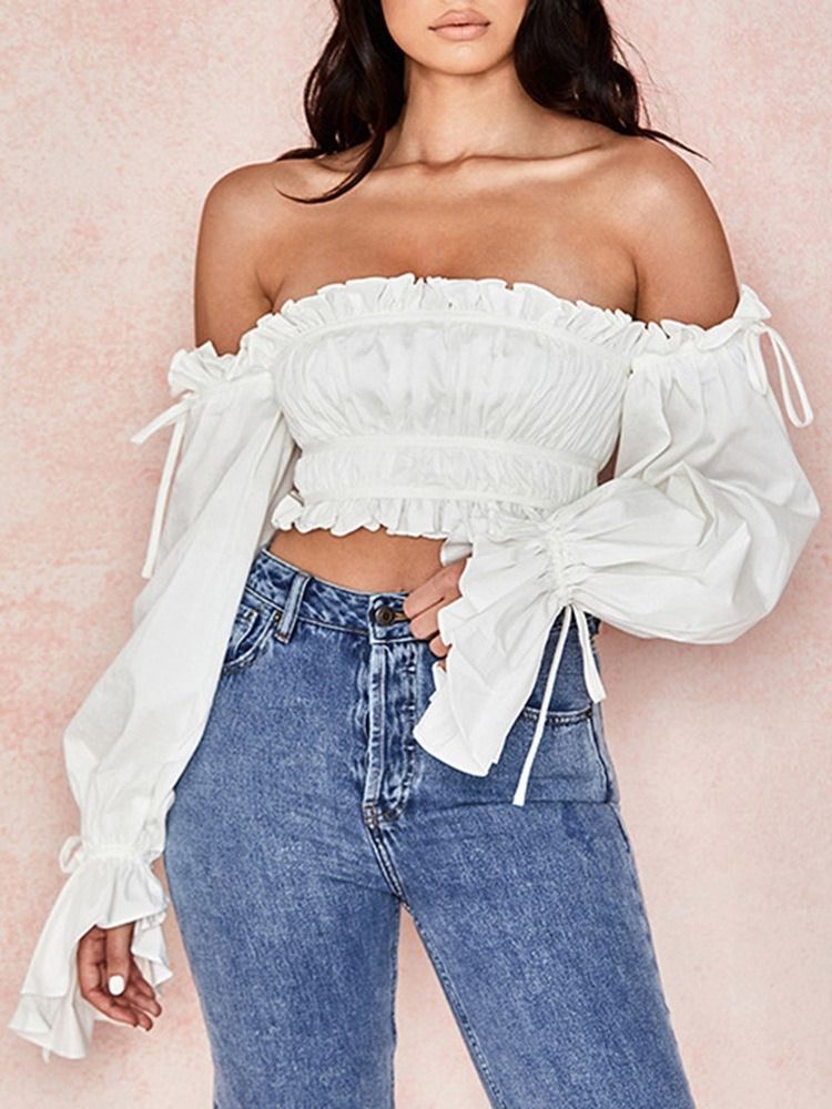 Snøre-op Plain Off Shoulder Kort Langærmet Kvinders Hvide Bluse