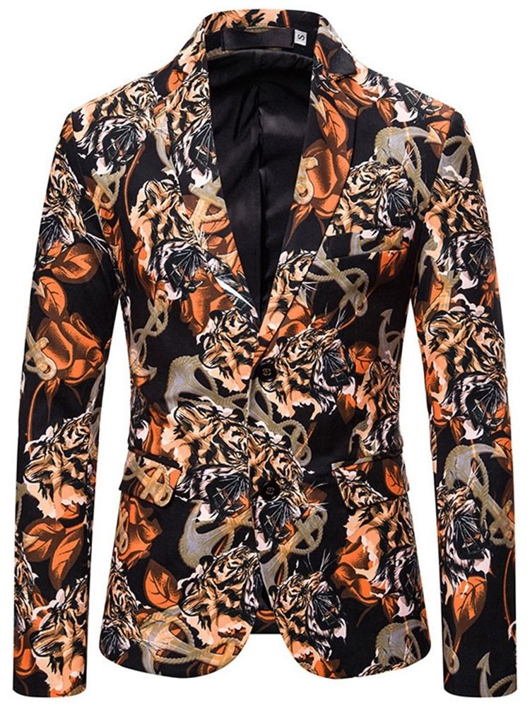 Color Block Notched Revers Print Blazer Til Mænd